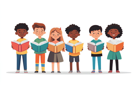 A diverse group of children joyfully reading books together.