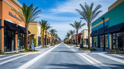 Obraz premium Palm Trees Line a Street of Shops and Restaurants
