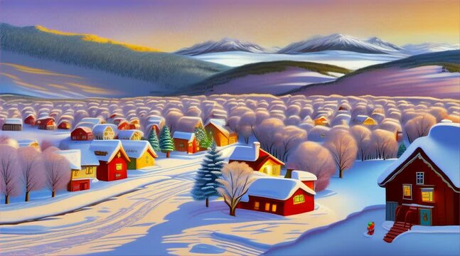 Winter landscape with houses in the valley, Christmas atmosphere full of snow, cute snowman and Christmas tree with gifts. Christmas background. Winter landscape 3d vector illustration