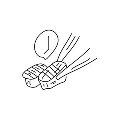 Hand drawn illustration of sushi with chopsticks and a clock, perfect for restaurant menus, social media, and food blogs.