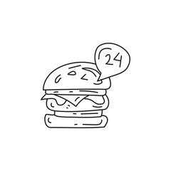 Doodle Illustration of Burger with 24 Hour Open Sign