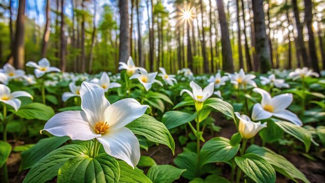 White blooming trillium plants in forest