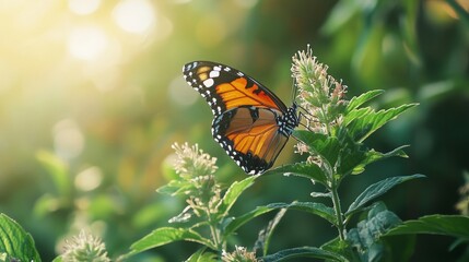 Obraz premium Close-up of a butterfly on a flower. a large butterfly sitting on green leaves, a beautiful insect in its natural habitat.