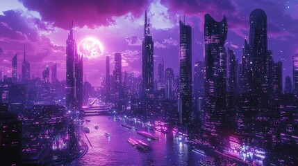 Obraz premium Futuristic Cityscape with Neon Lights and Moon at Night