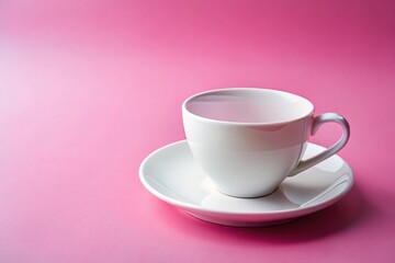 Fototapeta premium White cup and saucer at tilted angle on pink background
