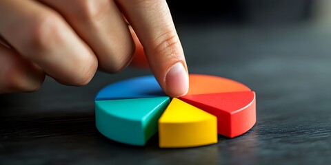 A hand points to a yellow segment of a pie chart made of colorful wooden pieces on a black surface.