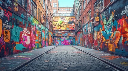 Fototapeta premium Colorful Graffiti Alleyway with Cobblestone Street
