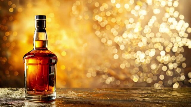 Scotch whiskey or brandy bottle, alcohol drink isolated on the table with luxury golden background and copy space