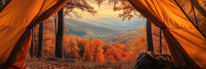 Fototapete Rund Charming autumn landscape view from a cozy tent, experiencing the beauty of nature while camping outdoors in a peaceful and serene environment. Warm and comfortable shelter providing a stunning perspe © ki