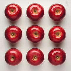 9 red apples on a white background, taken with top view