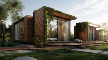 Fototapeta premium Modern Wooden Cabin with Green Roof and Lush Greenery