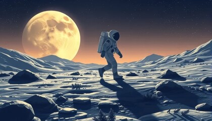 Astronaut Walking on the Moon Under Full Moonlight