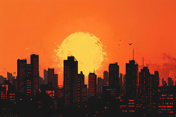 Fototapeta premium A vibrant sunset over a city skyline, highlighting silhouettes of buildings against an orange sky.