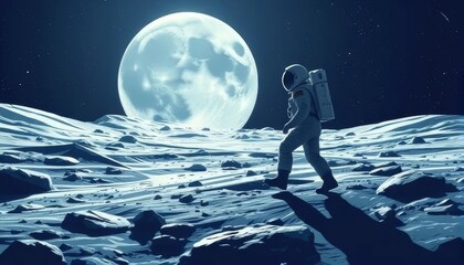 Obraz premium Astronaut Walking on the Moon Under Full Moonlight