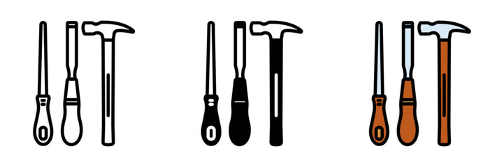 Carpenter Tools Icon, A set of tools including saws, hammers, and chisels, used by carpenters for woodworking, building, and repairs.