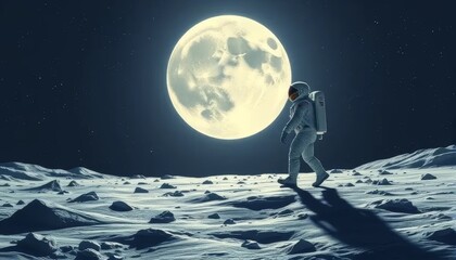 Naklejka premium Astronaut Walking on the Moon Under Full Moonlight