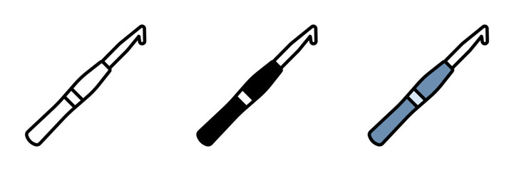 Crochet Hook Icon, A needle-like tool with a hook at one end, used to pull yarn through loops to create crochet patterns.