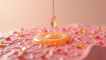  Golden droplet on pink surface with smaller droplets and a larger one in the center