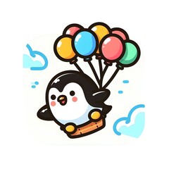 Fototapeta premium Cute penguin character flying in the sky on balloons. Generative AI