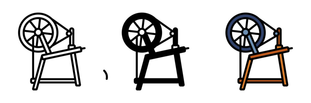 Cotton Spinning Wheel Icon, A traditional machine used to spin raw cotton fibers into thread or yarn, crucial for textile production.