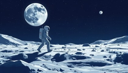 Obraz premium Astronaut Walking on the Moon Under Full Moonlight