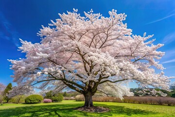 Obraz premium White Japanese flowering cherry tree blooms in garden against blue sky at eye level