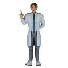 3D Model of Cartoon Doctor. A male doctor stands with his right hand pointing up while his left hand is behind. Healthcare Expert