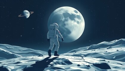 Astronaut Walking on the Moon Under Full Moonlight