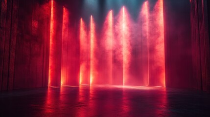 abstract fantastic neon backgroun with re laser rays an glowing lines empty performance stage with reflection