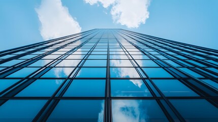 Glass Facade of a Skyscraper Reflecting Clouds and Sky