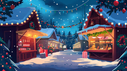 Fototapeta premium The Christmas Fair. Christmas Market with lighting shopping, game background, Illustration