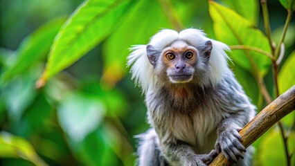 Fototapeta premium White monkey in tropical rainforest tree reflected in water