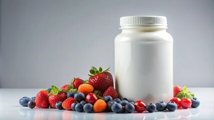 White plastic jar with dietary supplements and fresh berries on eye level