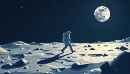 Astronaut Walking on the Moon Under Full Moonlight