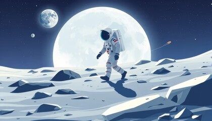 Astronaut Walking on the Moon Under Full Moonlight