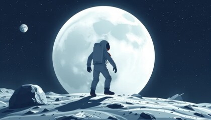 Astronaut Walking on the Moon Under Full Moonlight