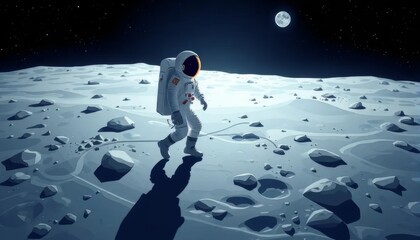 Astronaut Walking on the Moon Under Full Moonlight