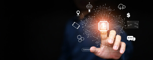 Ai technology, Artificial Intelligence. A man taps on AI smart chip and uses command prompt  to generate things to assist and work for him. Human control over AI. Chat with AI