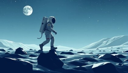 Astronaut Walking on the Moon Under Full Moonlight