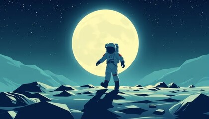 Astronaut Walking on the Moon Under Full Moonlight