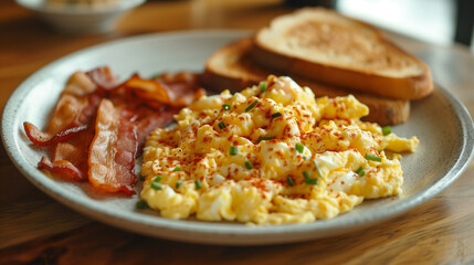 plate of scrambled eggs with toast and bacon, on wooden kitchen table