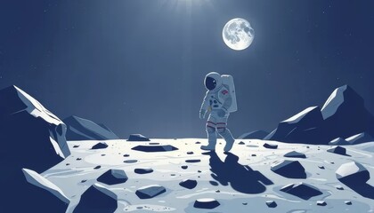 Astronaut Walking on the Moon Under Full Moonlight