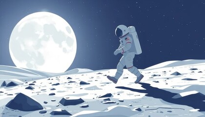 Astronaut Walking on the Moon Under Full Moonlight