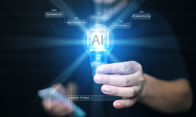 Naklejka premium AI technology concept. Man holds illuminated light bulb with smart Ai chip and prompt. Artificial Intelligence tech for improving productivity, automation, optimization and new solutions in all fields