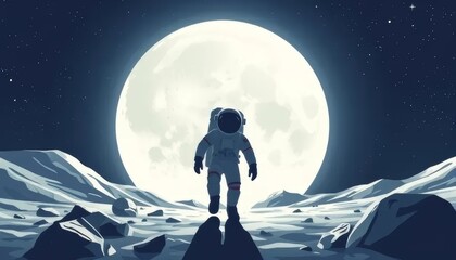 Astronaut Walking on the Moon Under Full Moonlight