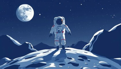 Astronaut Walking on the Moon Under Full Moonlight