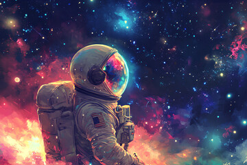 An astronaut stands amidst a vibrant cosmic landscape filled with stars and colorful nebulae.