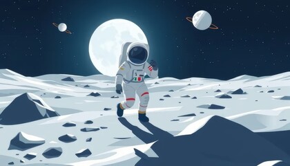 Astronaut Walking on the Moon Under Full Moonlight