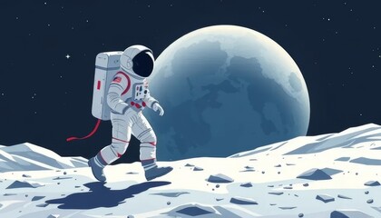 Astronaut Walking on the Moon Under Full Moonlight