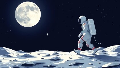 Astronaut Walking on the Moon Under Full Moonlight